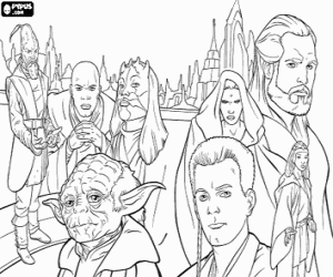 desenho de Principais personagens da saga Star Wars para colorir
