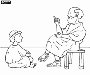 desenho de Professor, sentado em um banquinho, ensinando a um jovem rapaz, sentado no ch�o para colorir