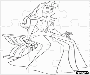 desenho de Puzzle da Princesa Aurora completamente feliz com sua tiara e uma rosa na m�o para colorir