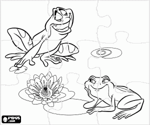 desenho de Puzzle da Tiana o sapo escutando as can��es de amor do sapo Naveen na lagoa para colorir