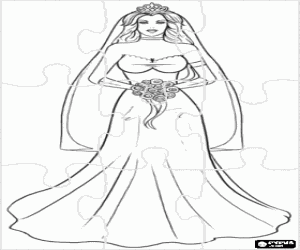 desenho de Puzzle de A noiva no dia do casamento com o vestido longo, com v�u, tiara e buqu� para colorir