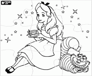 desenho de Puzzle de Alice com uma x�cara de ch� eo gato m�gico ao seu lado - Quebra-cabe�as de Alice no pa�s das maravilhas para colorir