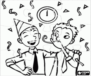 desenho de Puzzle de Amigos, �s 12 horas da noite comemorando o Ano Novo para colorir