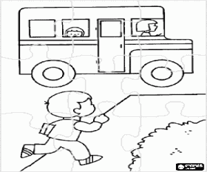 desenho de Puzzle de auto escolar pequeno e menino correndo para colorir