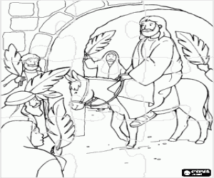 desenho de Puzzle de B�blia - Novo Testamento - Domingo de Ramos - A entrada de Jesus em Jerusal�m, onde � cumprimentado por pessoas com palmas e ramos para colorir