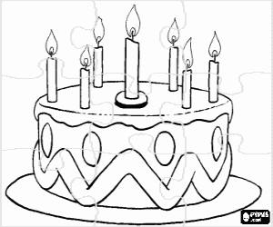 desenho de Puzzle de bolo de anivers�rio com sete velas acesas para colorir