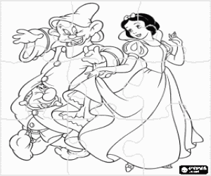 desenho de Puzzle de Branca de Neve feliz dan�ando com dois dos an�es, Feliz e Dunga para colorir