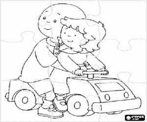desenho de Puzzle de Caillou montado em um pequeno carro de brinquedo juntamente com sua irm� Rosie para colorir