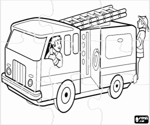 desenho de Puzzle de carro de bombeiros com as pessoas para colorir