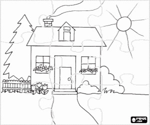 desenho de Puzzle de Casa na primavera com flores nas janelas para colorir