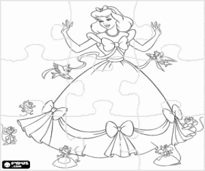 desenho de Puzzle de Cinderela com seu belo vestido para a festa para colorir