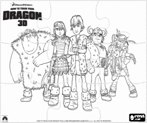 desenho de Puzzle de Como treinar o seu drag�o - O grupo de vikings jovens da tribo para colorir
