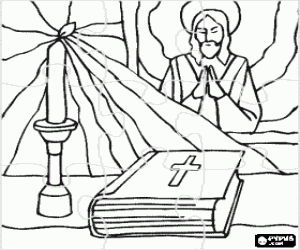 desenho de Puzzle de Cristianismo - A B�blia e uma vela acesa sobre o altar com uma imagem de Jesus em segundo plano para colorir