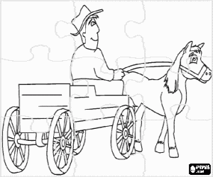 desenho de Puzzle de fazendeiro com uma carruagem ou carro�a com cavalo para colorir