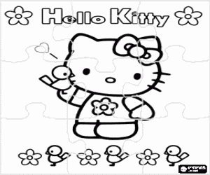 desenho de Puzzle de Hello Kitty com flores e p�ssaros para colorir