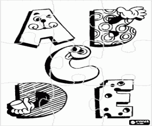 desenho de Puzzle de Letras A, B, C, D e E com desenhos engra�ados para colorir