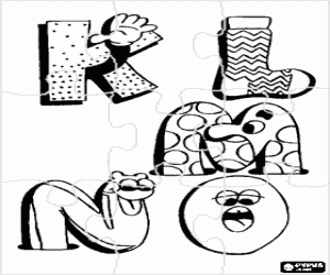 desenho de Puzzle de Letras K, L, M, N e O com desenhos engra�ados para colorir