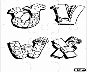 desenho de Puzzle de letras U, V, W e X com desenhos engra�ados para colorir