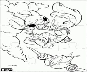 desenho de Puzzle de Lilo & Stitch - Quebra-cabe�as de Lilo voando nos bra�os do Stitch para colorir
