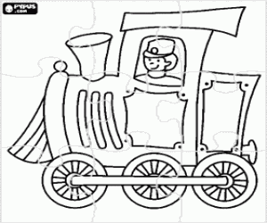 desenho de Puzzle de locomotiva a vapor com o maquinista para colorir