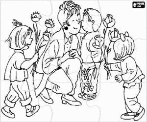 desenho de Puzzle de m�e recebendo flores e beijos dos seus filhos para colorir