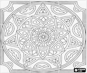 desenho de Puzzle de mandala com c�rculos em forma de estrela ou flores em um quadrado para colorir