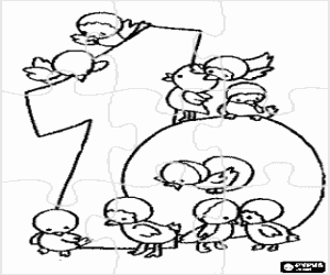 desenho de Puzzle de n�mero 10 com dez pequenos p�ssaros para colorir