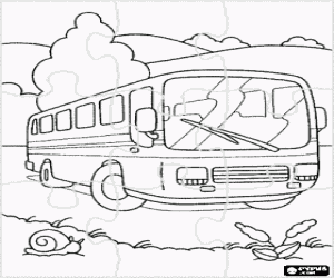 desenho de Puzzle de �nibus de passageiros na paisagem para colorir