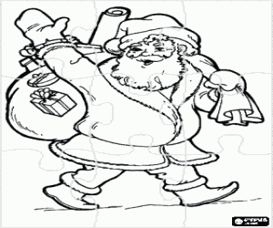 desenho de Puzzle de Pai Natal ou Papai Noel carregando um saco cheio de presentes - Quebra-cabe�a de Natal para colorir