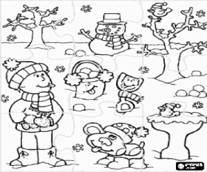desenho de Puzzle de Paisagem de Inverno com a crian�a, cachorro e boneco de neve, tudos bem abrigados para colorir
