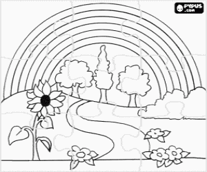 desenho de Puzzle de paisagem na primavera com flores, �rvores e arco-�ris para colorir