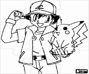 desenho de Puzzle de Pokemon - Ash, instrutor do pok�mon, com seu primeiro Pok�mon Pikachu para colorir