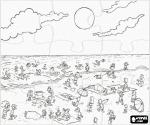 desenho de Puzzle de praia no ver�o - Diversas actividades no mar e na praia para colorir
