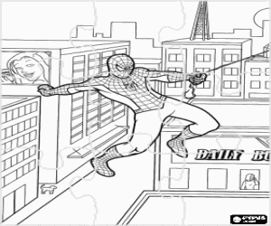 desenho de Puzzle de Spiderman pulando entre pr�dios na cidade com sua teia de aranha para colorir