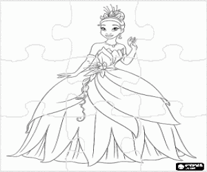 desenho de Puzzle de Tiana, uma garota bonita com um vestido bonito para colorir