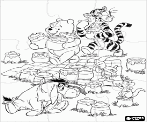 desenho de Puzzle de Ursino Puff ou Winnie the Pooh e os seus amigos em um piquenique no campo, todos os alimentos s�o frascos de mel para colorir