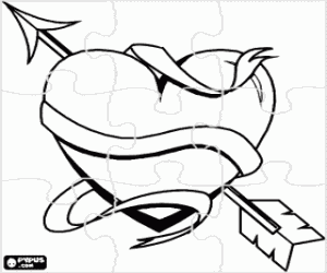 desenho de Puzzle do Dia dos Namorados - Quebra-cabe�as do Dia de S�o Valentim - Cora��o trespassado por uma seta do Cupido para colorir
