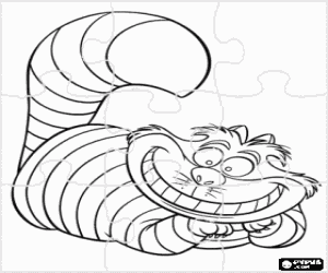 desenho de Puzzle do Mestre Gato, Gato Cheshire ou Gato Risonho, um gato com um sorriso inquietante que pode desaparece para colorir