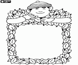 desenho de Quadro para um desenho feito com folhas e um menino usando um boné que quer coletar as folhas com as mãos para colorir