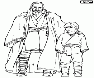 desenho de Qui-Gon Jinn com seu pupilo Anakin para colorir