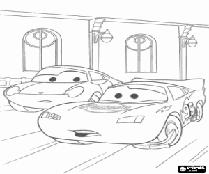 desenho de Rel�mpago McQueen dando um passeio em Radiator Springs com sua amiga Sally Carrera para colorir
