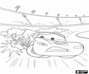 desenho de Rel�mpago McQueen no momento a sofrer a dor da sua roda para a corrida da Copa Pist�o para colorir