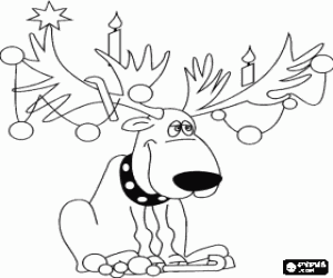 desenho de Rena adornada com decora��es de Natal para colorir