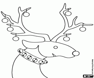 desenho de Rena de Natal com uma coleira com cascavels e decorada com bolas de Natal para colorir