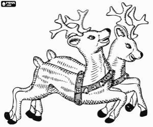 desenho de Renas de Natal felices correndo pela mata com seus colares com sinos para colorir