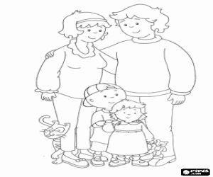 desenho de Retrato de Fam�lia Caillou, Rosie sua irm�zinha, Boris seu pai, sua m�e Doris e Gilbert o gato para colorir