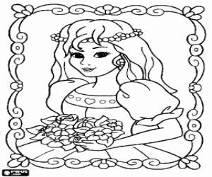 desenho de Retrato moldurado da princesa com uma coroa e um ramo de flores em suas m�os para colorir