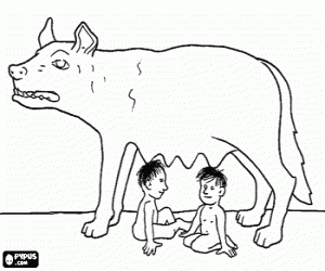 desenho de R�mulo e Remo, fundadores de Roma, amamentados por uma loba para colorir