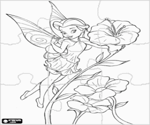 desenho de Roseta, a fada do jardim, voando ao lado de algumas flores para colorir