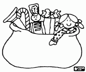 desenho de Saco cheio presentes de Natal: uma boneca, um soldado, um trompete ... para colorir
